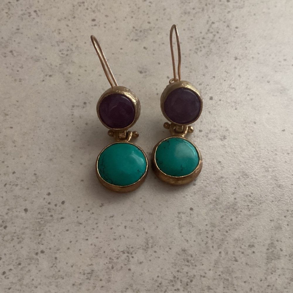 Earrings Fun turquoise and lapis I’m guessing..set in a gold metal